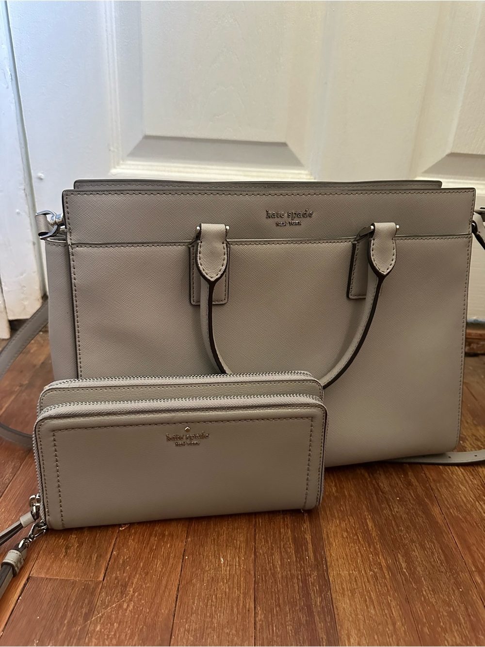 kate spade taupe leather satchel with matching zip wallet